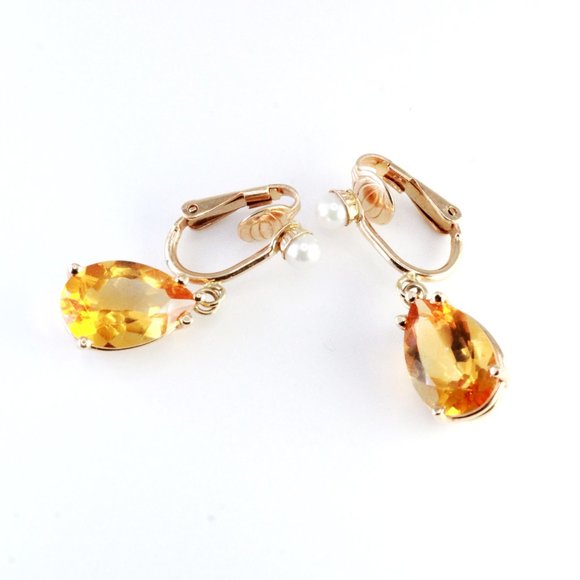 14K Gold Vintage Citrine Pearl Retro Clip Earrings - Picture 7 of 8